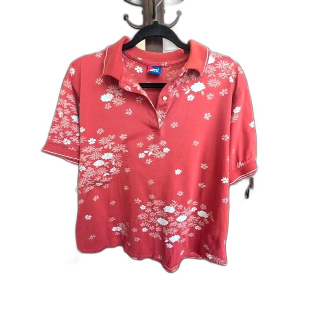Vintage 90s Tail Golf Polo Shirt Crimson Red Floral Hibiscus Short Sleeve